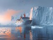 A cruise ship sails through the serene icy waters of the Arctic