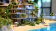 Capture a holiday vibe with modern, airy apartments facing the sea, complemented by miniature construction tools setting up palm trees and sand 
