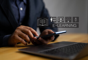 Leinwandbilder - Online education concept. Person with virtual E-learning icon for online education training and e-learning webinar on internet. Increase business working skills. Education internet technology.