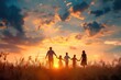 © Putu - a family is holding hands in a field while sunsets