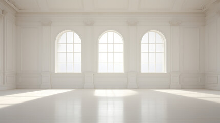 Wall Mural - A large, empty room with three arched windows and white walls