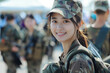 Asian woman army soldier smiling in Universal Camouflage Uniform