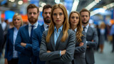 Fototapeta  - Office team comes out to greet a new hire - grey and blue suits - 