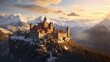A majestic medieval castle perched atop a rugged alpine peak, its stone walls bathed in golden sunlight against the backdrop of snow-capped mountains.
