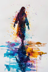 Wall Mural - Colorful splash watercolor of Jesus Christ walking on water