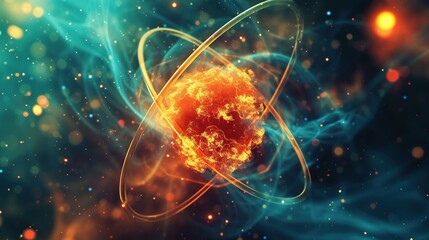 Wall Mural - Concept of a close-up image of an atom model for nuclear energy. Sci-fi color background. Generative AI