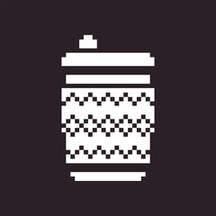 Wall Mural - black and white simple flat 1bit vector pixel art icon of paper cup with lid for coffee