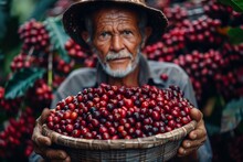 Farmer Presenting Fresh Coffee Cherry Harvest. Elderly Farmer Proudly Holds A Basket Full Of Vibrant Red Coffee Cherries, With A Backdrop Of Dense Coffee Plants.