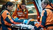 A stretcher with a patient on it is being carefully transferred from the ambulance to the emergency department by a team of paramedics and hospital staff.