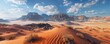 Showcase the mystique of untouched wilderness from a worms-eye view in a desert biome, capturing the surreal beauty of vast sand dunes, rocky outcrops