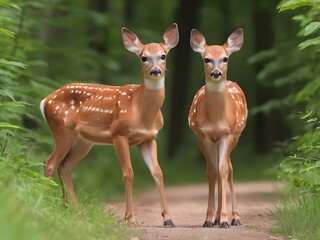 Poster - White tailed deer fawn witj hind on natural trail in n