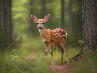 Wall Mural - White tailed deer fawn witj hind on natural trail in n