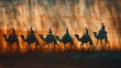 Shadows of people riding camels in the desert