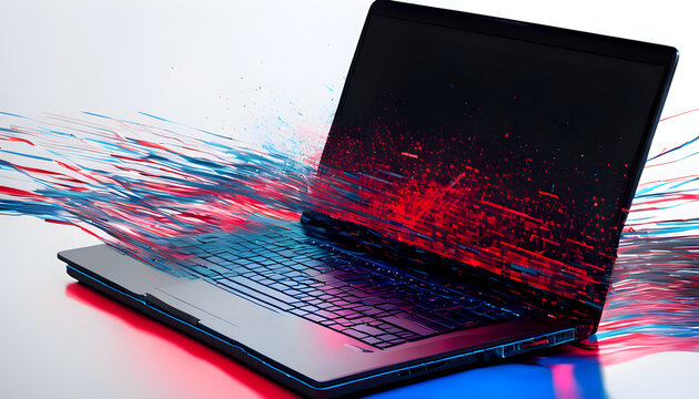 Modern Laptop with Glitched Red and Blue Hacked Data Signal out From Screen, Abstract Depiction of Cybersecurity Concerns