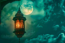 Lantern Islamic With Mosque For Ramadan Kareem And Eid Mubarak. Islamic Lantern And Half Moon Pattern, Background. And Illustration	
