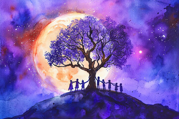 Wall Mural - A group of people are holding hands around a tree in the night sky