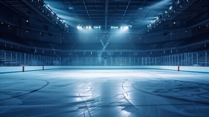 Empty Ice hockey arena, stadium, sports ground with flashlights