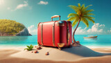 Fototapeta Mapy - Creative summer beach with giant suitcase on island. travel concept idea. 3d rendering
