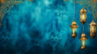 A golden Ramadhan lamp with Islamic on abstract blue background. Islamic festive greeting card photo. eid mubarak background