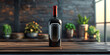 Wine Bar Concept. Bottle of red wine  on wooden kitchen bench with flowers.