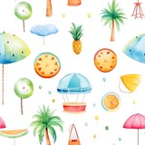 Fototapeta Dziecięca - Seamless pattern of 
children's pattern on a white background, with watercolor elements, coconut tree, ball, float, parasol, popsicles, lemon, watermelon, soft colors