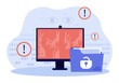 Huge folder with personal data and warning signs. Vector illustration. Computer, folder with open padlock, thiefs eyes on background. Identity theft  due to cyber attack, data security concept