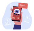 Hand holding smartphone with spam call vector illustration. Robot calling to customer. Spam and exclamation marks on background. Illegal robotcalls, mass calling using AI concept