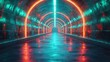 Neon light abstract background. Tunnel or corridor green neon glowing lights. Laser lines and LED technology create glow in dark room. Cyber club neon light stage room. Laser show