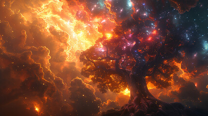 Wall Mural - huge trees of life blend with galaxies with generative ai