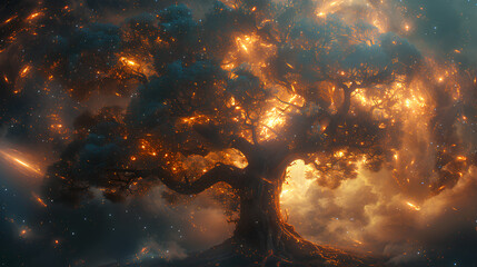 Wall Mural - huge trees of life blend with galaxies with generative ai