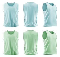 2 Set of men pastel green turquoise blue, front back and side view sleeveless tee t shirt tank singlet vest round neck on transparent background cutout PNG file. Mockup template for artwork design