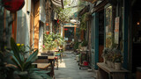Fototapeta Fototapeta uliczki - A narrow alley filled with vintage shops and cafes