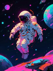 Wall Mural - astronaut floating in space illustration in colorful neon style