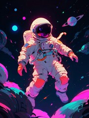 Wall Mural - astronaut floating in space illustration in colorful neon style