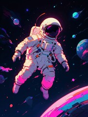 Wall Mural - astronaut floating in space illustration in colorful neon style