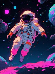 Wall Mural - astronaut floating in space illustration in colorful neon style