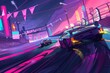 A dynamic wallpaper illustration showcasing an 80s-inspired race track, with sleek racing cars speeding around corners, cheering crowds, and colorful banners fluttering in the breeze, Generative AI