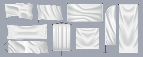 Aufkleber - Realistic textile banners mega set in flat graphic design. Bundle elements of different shapes of empty white flags, hanging posters, promotion sheets with poles. Vector illustration isolated objects