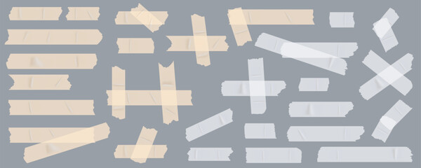 Fototapete - Sticky tapes mega set in flat graphic design. Bundle elements of yellow and white glue duct tapes with ripped edges, realistic adhesive scotch, torn stickers. Vector illustration isolated objects