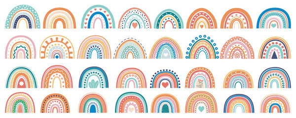 Aufkleber - Summer rainbows mega set in flat graphic design. Bundle elements of abstract cute rainbows with ornaments in scandinavian and boho doodle style for decorations. Vector illustration isolated objects