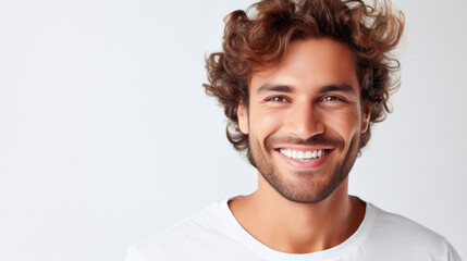 Close-up portrait of a smiling joyful young model handsome man with clean white teeth isolated on white background