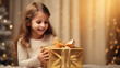 © AstraNova - happy little girl laughing while opening gift box on green christmas tree background with bokeh lights