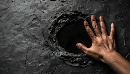 Wall Mural - A hand comes out of the black hole on the neutral background