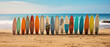 © AstraNova - a collection of colorful patterned surfboards standing on the beach sand with a background of beach waves and blue sky