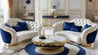Interior design Luxurious living room with blue and white velvet furniture and metallic accents, in glamorous style