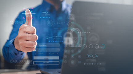 buttons, fingerprint, future, global, graph, human, management, marketing, multimedia, press. giving a thumbs up to a computer screen that has a fingerprint on it. Concept of security and trust.