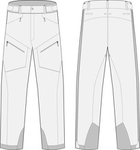 ski pants technical fashion illustration with waterproof zip pockets and gusset flat sketch front and back view