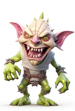 3D rendered funny cartoon goblin, colorful, white background,