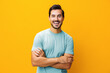 © SHOTPRIME STUDIO - Space man portrait yellow lifestyle background laughing gesture trendy style smiling fashion copy studio arm
