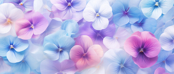  Collection of Pink Purple Pansy flowers blooming in soft pastel bright colors on a vast natural spring floral wide background created with Generative AI Technology 